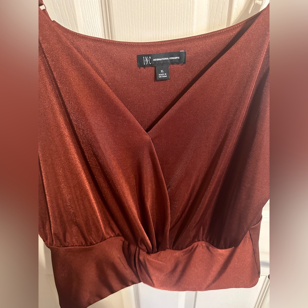 INC International Concepts V-Neck Spaghetti Strap Metallic Top, Burnt Orange, XL - Picture 4 of 5